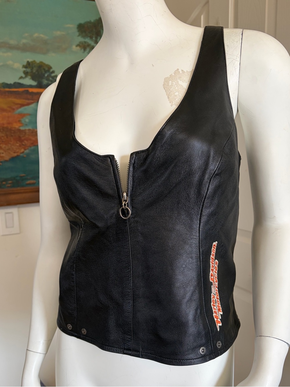 Harley-Davidson Black Leather Zip Front Vest with Orange Script